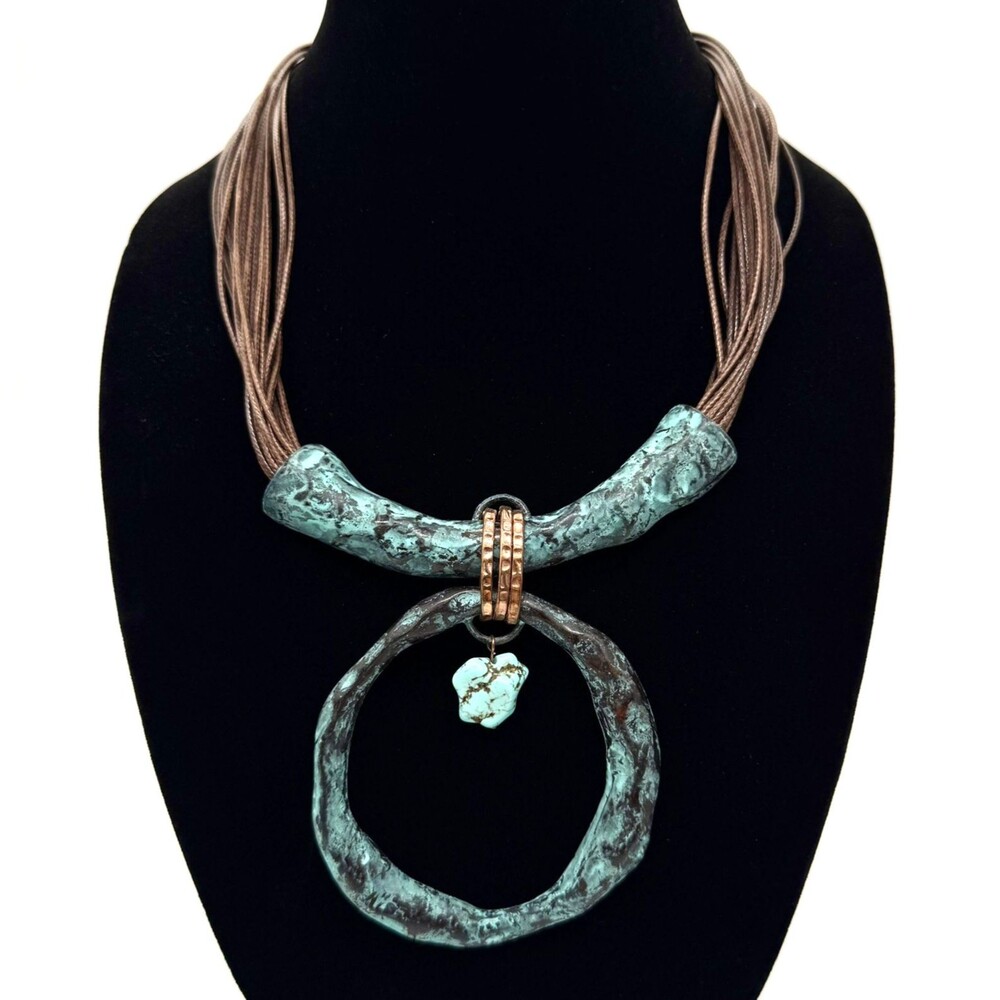 VTG Brutalist Verdigris Patina Statement Necklace Multi Strand Cord Turquois
